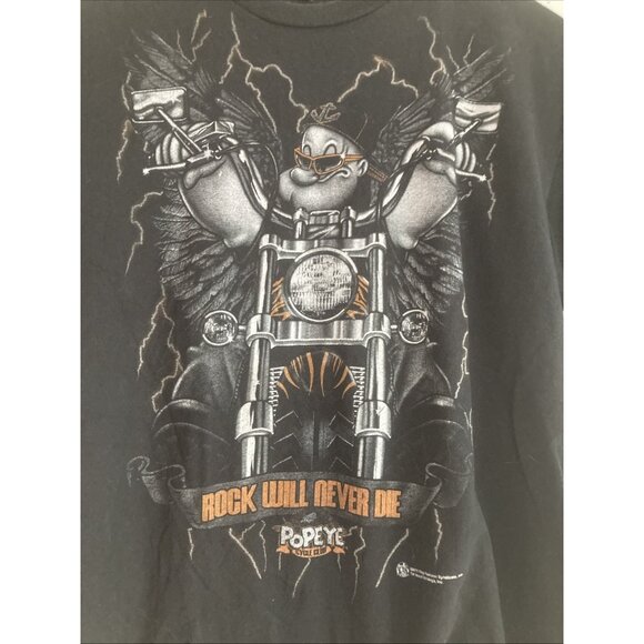 Vintage Popeye Cycle Club Tee Rock will never die T-Shirt Black 2010 Sz L - Picture 2 of 10